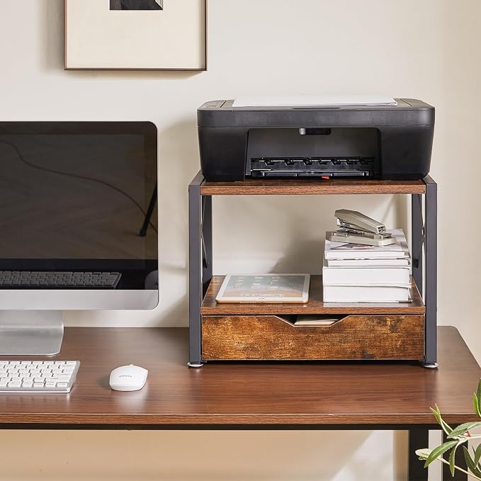 IBUYKE 2 Tier Desktop Printer Stand with Drawer Storage TLJ006H | Multi-Purpose Desk Organizer,Wooden Printer Stand for Folders,Books,for Fax Machine, Scanner,Home Office