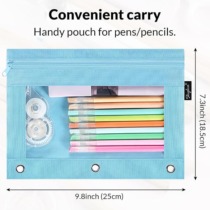 SKYDUE Binder Pencil Pouch – 3 Ring Pencil Pouch with Clear Window, Smooth Zipper Pencil Case for School Supplies, Large Capacity Pencil Pouches for 3 Ring Binder with Reinforced Grommets