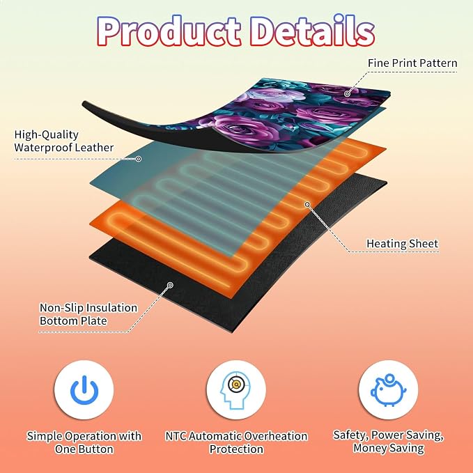 Heated Desk Pad Large Mouse Pad 31.5 x 13 inch with 3 Levels Heating & Auto Shut-Off Warm Mouse pad PU Leather Computer Mousepad for Home Office Work - Colorful Rose Flowers
