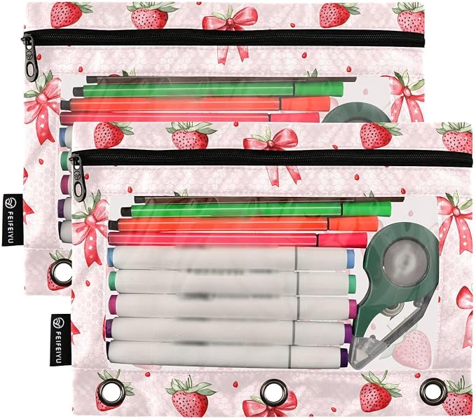 Strawberries Bows Pink Pencil Pouch for 3 Ring Binder 2 Pack Zipper Binder Pencil Bag with Clear Window Pencil Case for Office Supplies