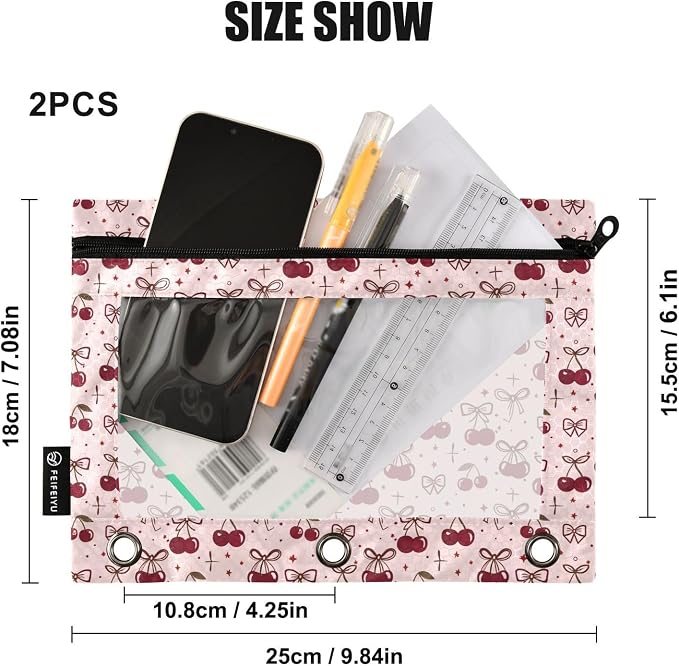 Pink Bow Cherry Polka Dots Pencil Pouch for 3 Ring Binder 2 Pack Zipper Binder Pencil Bag Case with Clear Window Office Supplies