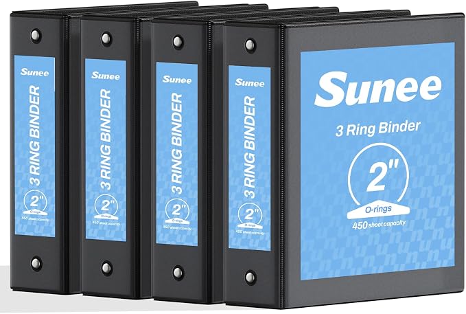 SUNEE 2 Inch Binders 3 Ring 4 Pack, PVC-Free Clear View 2" Binders (Fits 8.5x11 Inches) for School, Office & Home Use, Black