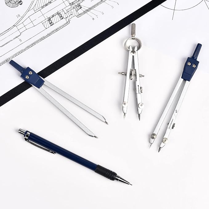 Unjoo 9Pcs Precision Geometry Set Metal Compass,Geometry Tool Set (Blue) | Shatterproof Storage Box, Circle Drafting Tool and Architecture, Drafting Kits for Engineers Students