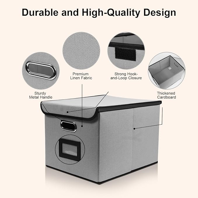 File Storage Box with Lid, 15.55x12.87x10.43 Inches, Foldable Organizer with Handles & Label Slot, for File Storage, Home, Office, and Closet Organization(Grey)