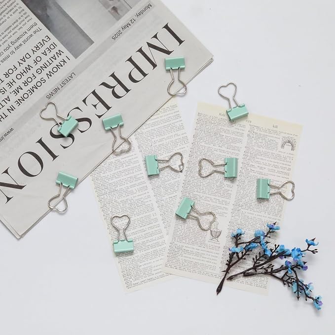 10Pcs Green Binder Clips, Heart Hollow Out Metal Clip Notes Letter Paper Clamps, Colorful Binder Clips for Paperwork/Home, Office Supplies (Green, Can clamp 8mm)