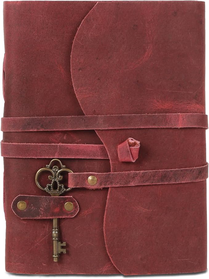 Leather Journal with Unlined Deckle Edge Paper 8x6 inch and Vintage Key | Handmade Writing Notebook Diary | Bound Daily Notepad for Men & Women Medium, Sketch/Writing pad for Artists