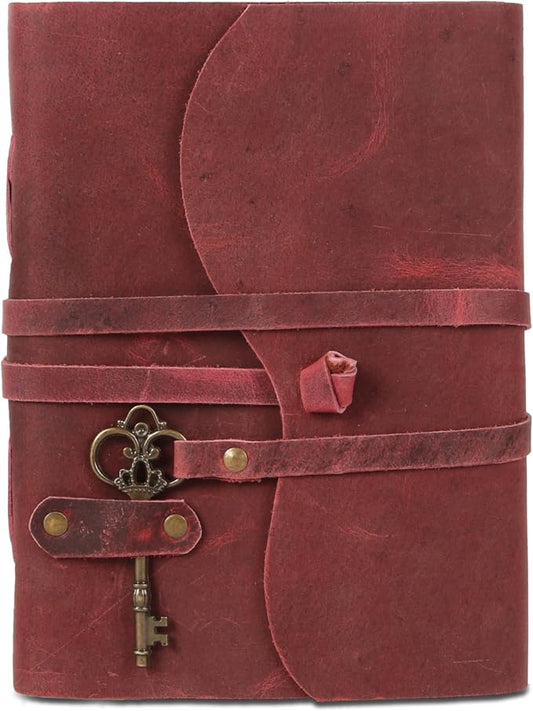Leather Journal with Unlined Deckle Edge Paper 8x6 inch and Vintage Key | Handmade Writing Notebook Diary | Bound Daily Notepad for Men & Women Medium, Sketch/Writing pad for Artists
