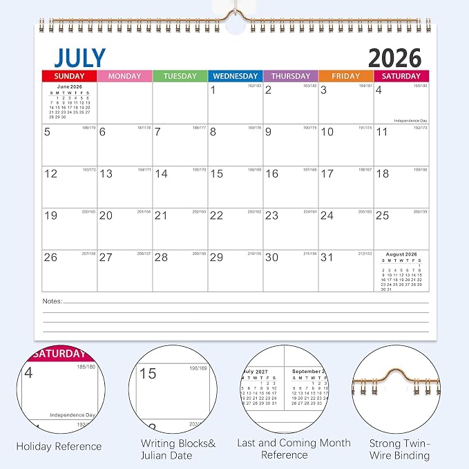 Wall Calendar 2026-2027 - 18 Month Wall Calendar july 2026-2027 Dec, 14" x 11", Thick Ppaer, Twin-Wire Binding, Home or Office Calendar for Easy Organizing