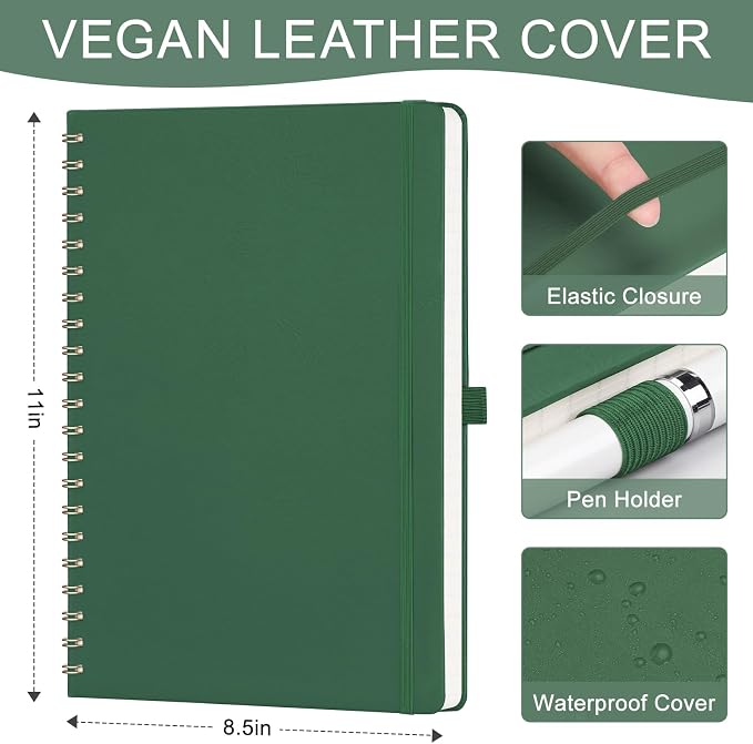 AHGXG Lined Spiral Journal Notebook, 110 Pages, A4 (8.5" x 11") | Journals for Women, Hardcover Leather Notebook College Ruled, 100 GSM Paper, for Work School Note Taking (Dark green)