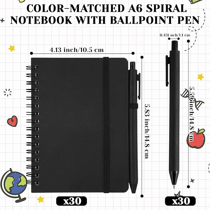 Fulmoon 30 Set Small Spiral Notebooks A6 with Pens Bulk, Multicolor 4" x 6" Pocket Notebooks Mini Lined Journals 50 Sheets for Back to School Supplies Students Rewards Office Gifts (Classic Black)