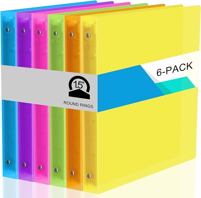Fulmoon 6 Pack Plastic 3 Ring Binder Assorted Colors Economy Flexible Round Ring Presentation Binders with Pocket for Office School Meeting(1.5 Inch,Neon Colors)