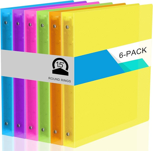 Fulmoon 6 Pack Plastic 3 Ring Binder Assorted Colors Economy Flexible Round Ring Presentation Binders with Pocket for Office School Meeting(1.5 Inch,Neon Colors)
