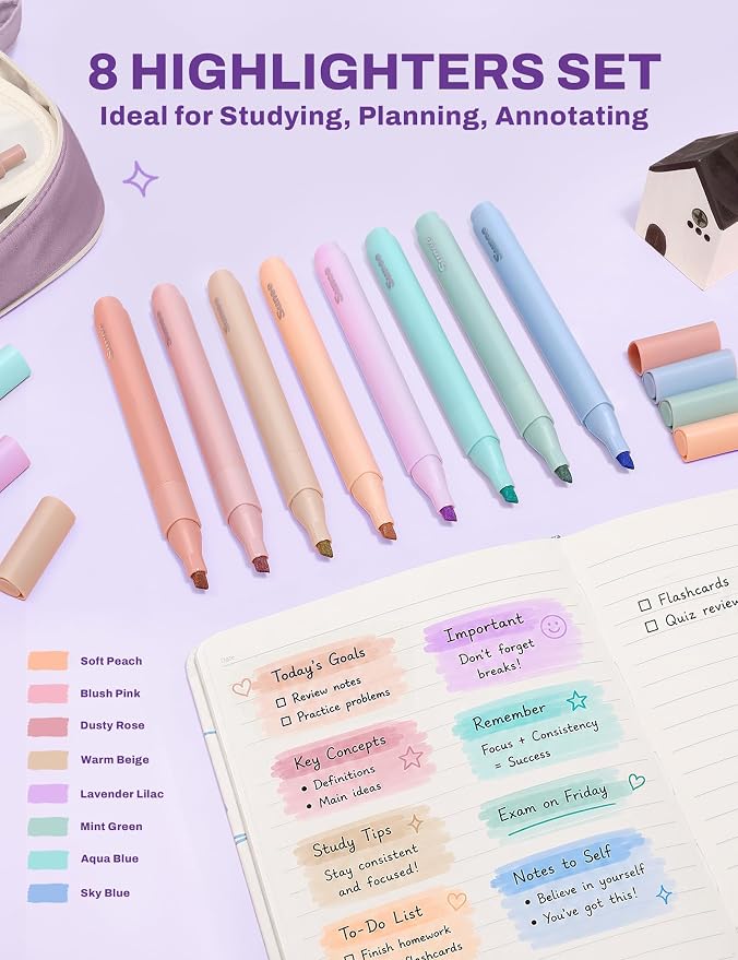SUNEE 35PCS Aesthetic Stationery Set with Cute Pencil Case, Pastel Highlighters, Black Gel Pens, Mechanical Pencils & Refills, College School Supplies for Students Girls Purple