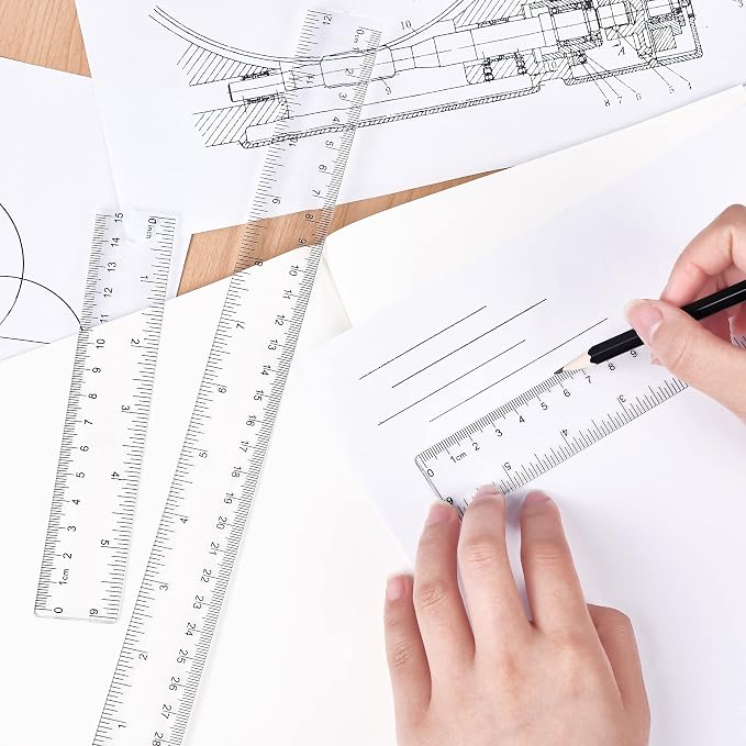 Unjoo Clear Plastic Ruler 6 Inch+12 Inch Straight Ruler, for School, Office | Shatterproof Rulers, with Inches and Centimeters, Easy-to-Read Markings, Plastic Drafting Measuring Ruler