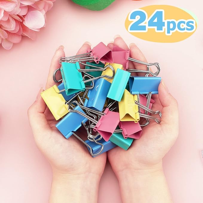 ZZTX 24 Pack Medium Binder Clips 1.3 Inches Assorted Colors | Paper Clamps Clips, Durable steel, Strong clip, Color-coded