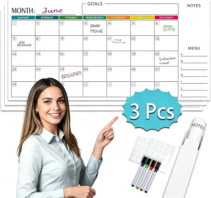 15x30 Dry Erase Wall Calendar, Reusable Undated Whiteboard Planner 3 Pcs | Colorful Horizontal Landscape Layout for Office, Classroom, Home with Markers & Stickers