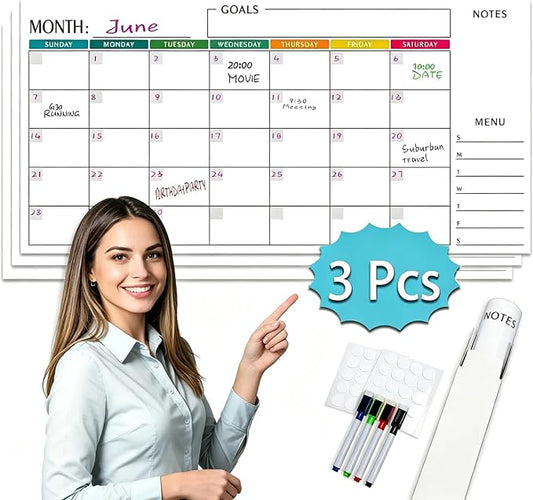 15x30 Dry Erase Wall Calendar, Reusable Undated Whiteboard Planner 3 Pcs | Colorful Horizontal Landscape Layout for Office, Classroom, Home with Markers & Stickers