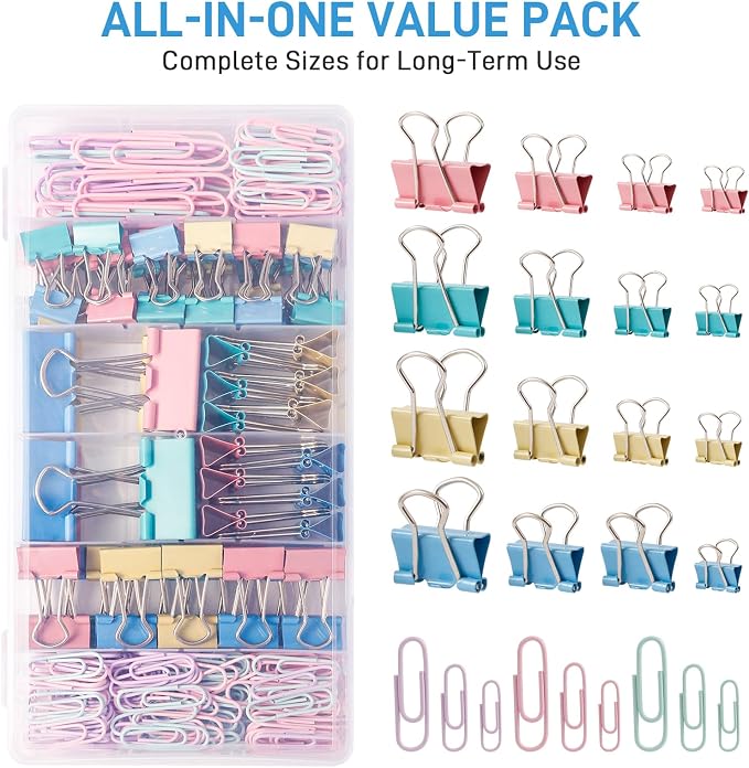 280 PCS Colored Binder Clips & Paper Clips Assorted Sizes, Paperclips Large Medium Small, 2-in-1 Combo Set with Storage Case, Office Supplies for Home, School, Business Organization