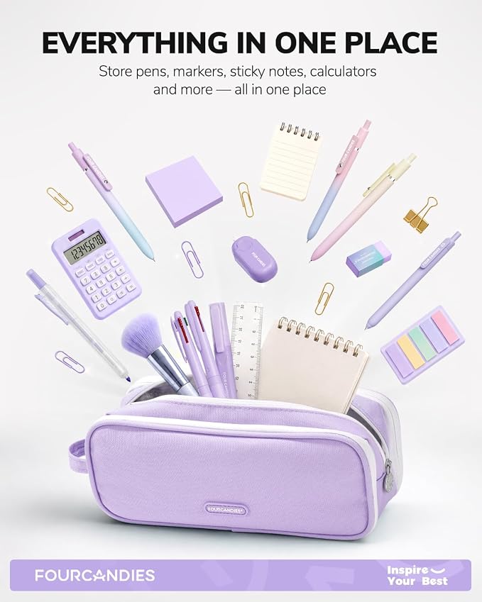 Four Candies 3-Compartment Large Pencil Case Organizer Pouch | Large Pen Bag for Stationery & Office Multi-Purpose Organizer Makeup Bag Travel Bag with Handle (Purple)