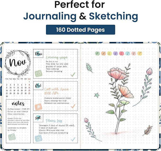 Taja Pretty Dotted Journal for Women, Aesthetic Cute Hardcover Leather Journal for Writing, A5 Journaling Notebook for Work & Sketch, Perfect for Office School Home, 160 Pages, Petal Array