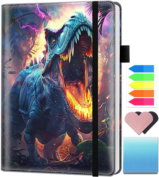 A5 Leather Lined Journal Notebook, 200 Pages Hardcover Executive Notebook for Men Women Office School Note Taking, Thick Writing Paper Daily Journal with Bookmarks/Indexes,Dinosaur