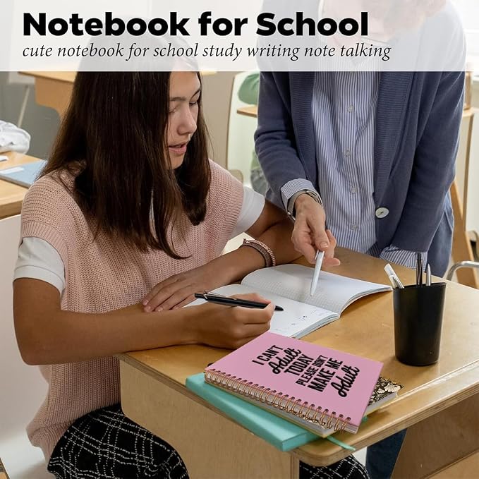 Funny Notebook with Pen Set I Can't Adult Today, A5 Spiral Journal for Women and Teens, 18th Birthday Gifts for Girls, 80 Sheets College Ruled Sarcastic Office Stationery, Humorous Pink Diary