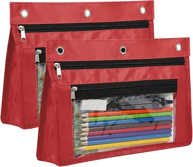 YoeeJob 2 Pack 1 Inch Expandable Zipper Pencil Pouches with Clear Window for 3 Ring Binder, Suitable for School & Office（Red）