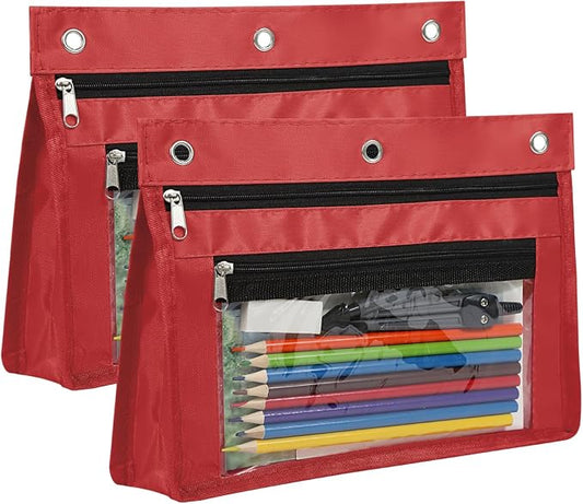 YoeeJob 2 Pack 1 Inch Expandable Zipper Pencil Pouches with Clear Window for 3 Ring Binder, Suitable for School & Office（Red）