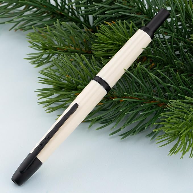 Jinhao 20 Press Retractable Fountain Pen Extra Fine Nib with Converter Resin Writing Gift Pen, Ivory with Black Clip