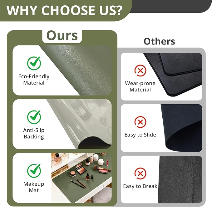 LovePads Makeup Mat for Vanity, 16 x 32 Dual-Sided Desk Pad & Vanity Cover Top, Waterproof PVC Protector Mat for Dresser, Nail Art, Craft Table (Green+Grey)