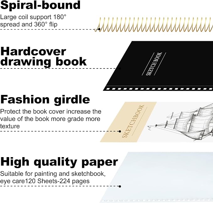 9 x 12 inches Hardcover Sketchbook for Drawing 120 Sheets Spiral Bound Sketch Pad Premium Art Sketchbook Artistic Drawing Painting Writing Paper(68lb/100gsm) for Kids Adults Beginners Artists, Black