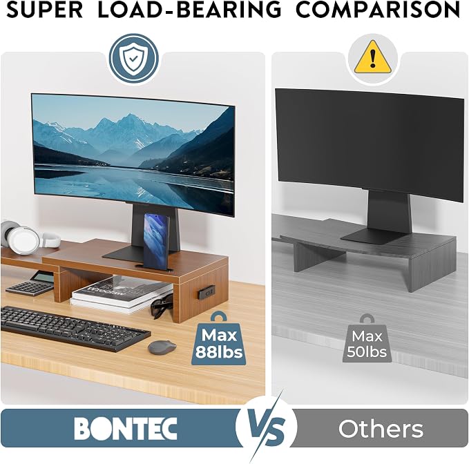 BONTEC Dual Monitor Stand Riser with Smartphone Holder, Adjustable Length & Swivel Angle, Ergonomic Wooden Desktop Organizer for PC Monitor, Laptop, Printer, Large Storage, 42.5 in, Walnut