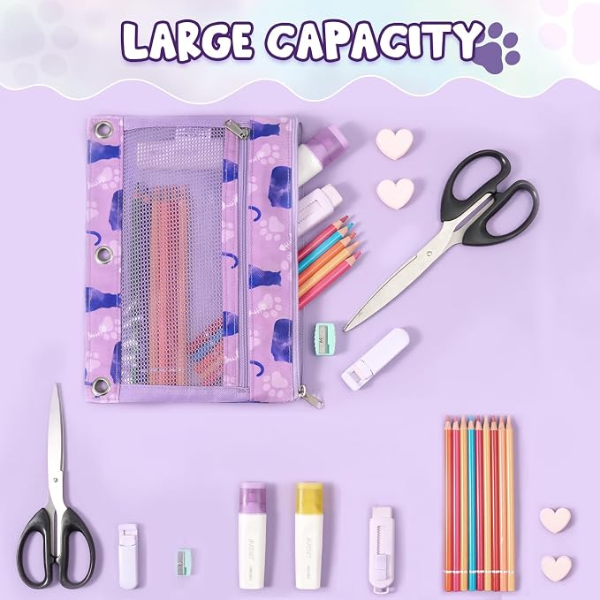 WAWSAM Cat Pencil Pouch for 3 Ring Binder, Zipper Pencil Pouches for Girls | 2 Pocket Clear Window Pencil Case, 3 Ring Pencil Pouch for School Supplies, Pencil Bags for Office College
