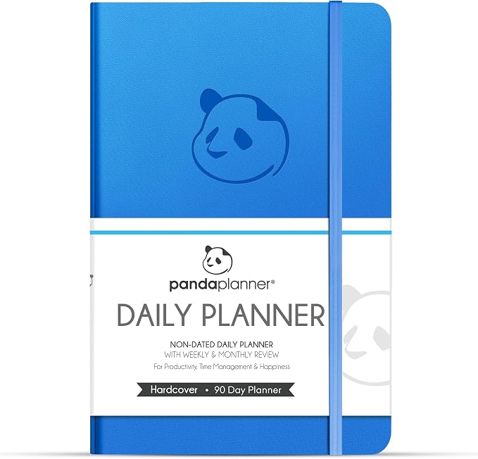 Panda Planner Classic A5 Undated Daily Planner 2026-2027, 8.25 x 5.75 Blue | Hourly schedule, to do list, habit tracker, gratitude journal, quarterly layout, 100 GSM paper