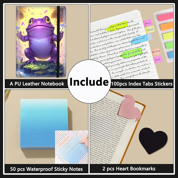 A5 Leather Lined Journal Notebook, 200 Pages Hardcover Executive Notebook for Men Women Office School Note Taking, Thick Writing Paper Daily Journal with Bookmarks/Indexes, Purple Frog