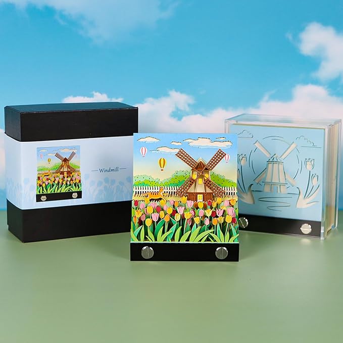 3D Memo Pad, Windmill 3D Notepad Paper Carving Non-Stick Sticky Notes Cute Silhouette, 3D Art Memo Pad Paper Art with Lights DIY Desk Decoration Gift