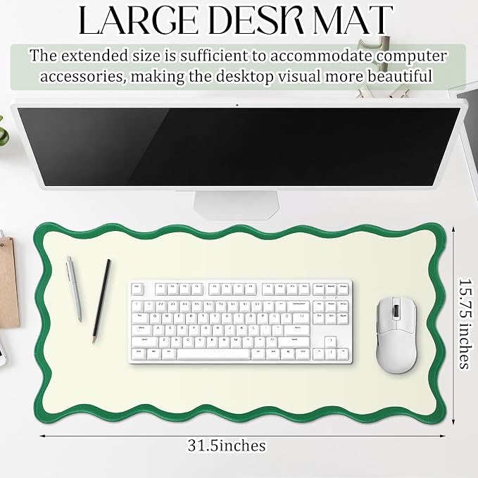 Hahafelt Scalloped Desk Mat Large Desk Pad Cute Coquette Table Mat Back to School Preppy Table Make up Pad Nonslip Graduation Gift with Stitching Waterproof Gaming(Green,31.5 x 15.8 Inches)