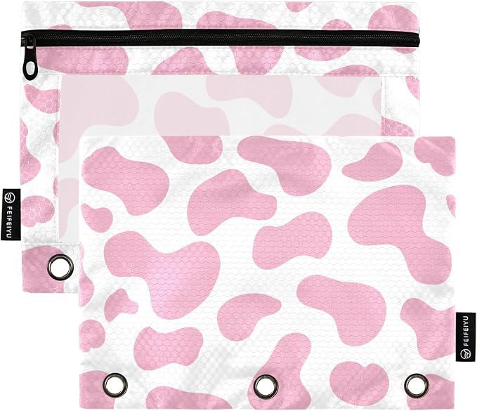 Cow Pencil Pouches for 3 Ring Binder 2 Pack | Binder Pencil Case With Zipper Reinforced GrommetsPencil Bags for Office Organizers