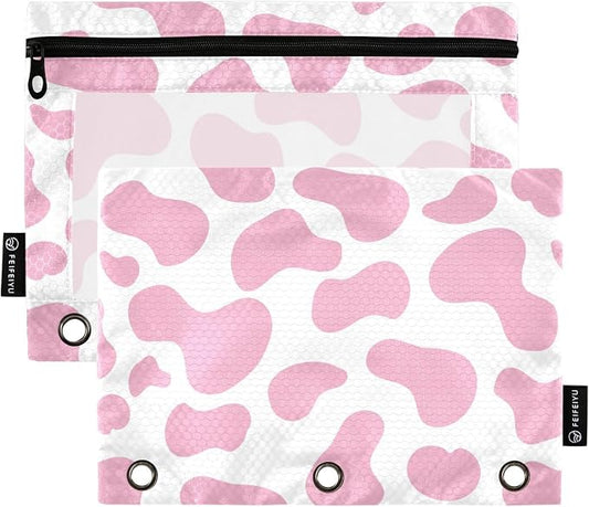 Cow Pencil Pouches for 3 Ring Binder 2 Pack | Binder Pencil Case With Zipper Reinforced GrommetsPencil Bags for Office Organizers