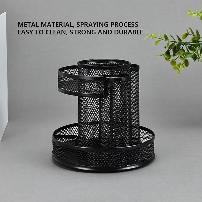HERCHR 360 Rotating Desk Pen Holder Organizer, Black Mesh Metal Rotating Pencil Holder with 7 Compartments, Office Desk Organizer for Pencils Scissors Art Supplies, 6.1x6.5x3.1in