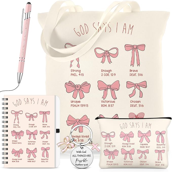 Kinlop 5 Pcs Gift Set for Women Include Tote Bag Canvas Cosmetic Bag Coil Notebook Keychain and Ballpoint Pen for Women Girls (Pink Bow,Pink)