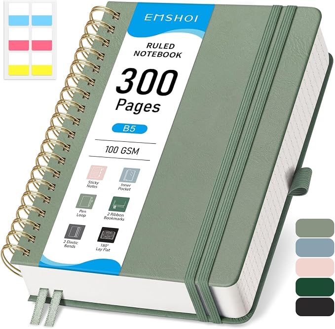 EMSHOI Lined Spiral Journal Notebook, 300 Numbered Pages, B5 (7.4"x10") | College Ruled, Leather Hardcover, 100 GSM Thick Paper, for School, Writing, Work, Office & Journaling (Light Green)