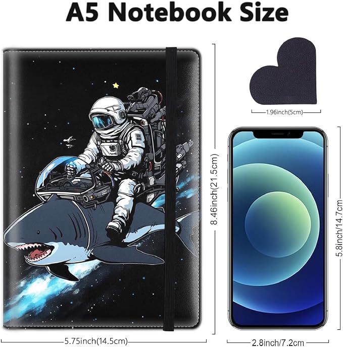A5 Leather Lined Journal Notebook, 200 Pages Hardcover Executive Notebook for Men Women Office School Note Taking, Thick Writing Paper Daily Journal with Bookmarks/Indexes, Astronaut Rides a Shark