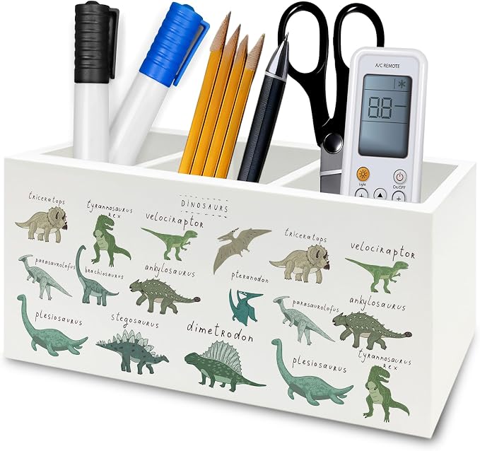 Dinosaur Pen Pencil Holder Organizer for Desk, Dino Type Educational Chart Wooden Box Signs Decorations for Kids Boys Room Bedroom Classroom Desk Tabletop, Dinosaur Gifts for Kids Boys