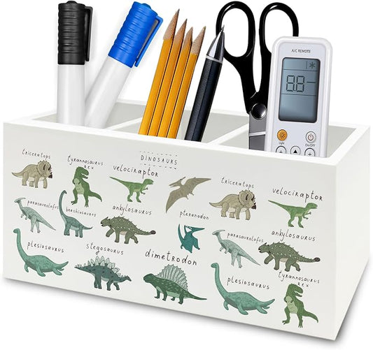 Dinosaur Pen Pencil Holder Organizer for Desk, Dino Type Educational Chart Wooden Box Signs Decorations for Kids Boys Room Bedroom Classroom Desk Tabletop, Dinosaur Gifts for Kids Boys