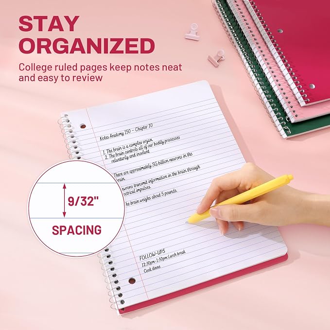 SUNEE Spiral Notebooks, 3 Pack, 1-Subject, College Ruled Paper, 8" x 10-1/2", 70 Sheets per Notebook, Assorted Colors Spiral Notebooks for School (Cherry, Pink, Green)