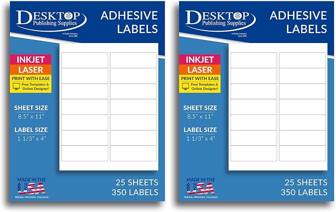 350 Blank White 1-1/3" x 4" Labels - 25 Sheets (14 Per Sheet) - Matte Finish - Printable Mailing Address Stickers for Inkjet/Laser Printers (Pack of 2)