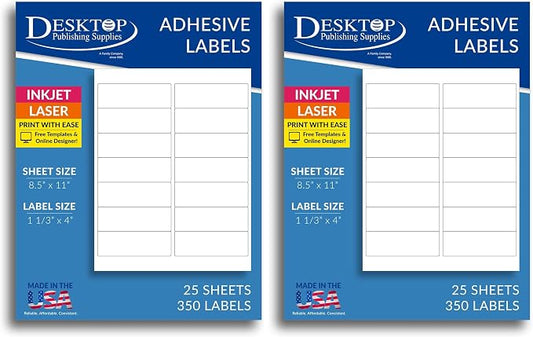 350 Blank White 1-1/3" x 4" Labels - 25 Sheets (14 Per Sheet) - Matte Finish - Printable Mailing Address Stickers for Inkjet/Laser Printers (Pack of 2)