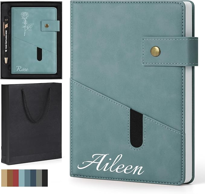ENOMY Personalized Notebook & Pen Set Custom A5 PU Leather Journal Gift Box, Light blue