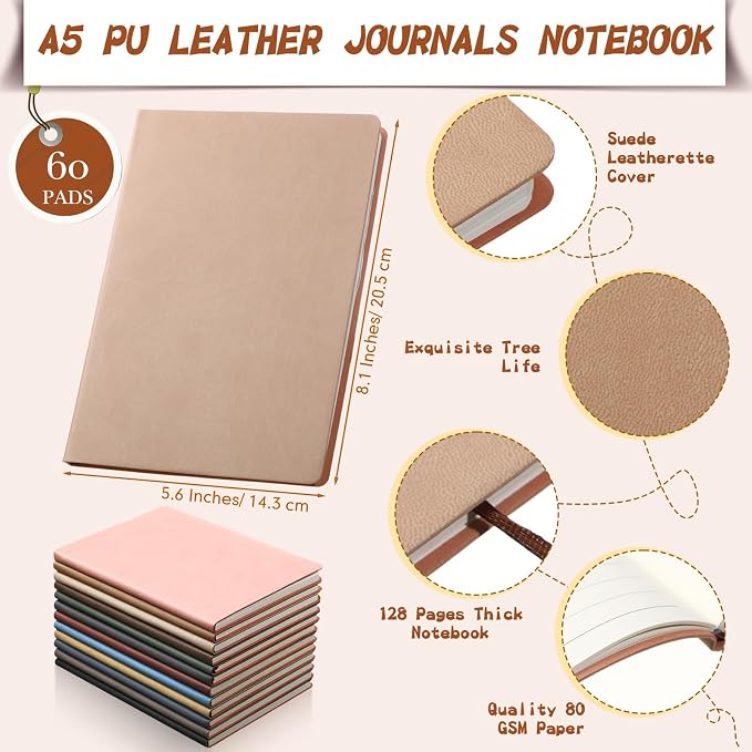 PerKoop 60 Pcs A5 PU Leather Journals for Laser Engraving, 8.1 x 5.6 Inch Lined Notebook Blanks 128 Pages, Lay Flat Ruled Writing Notebooks for DIY Crafting Office School Gifts (Morandi Color)